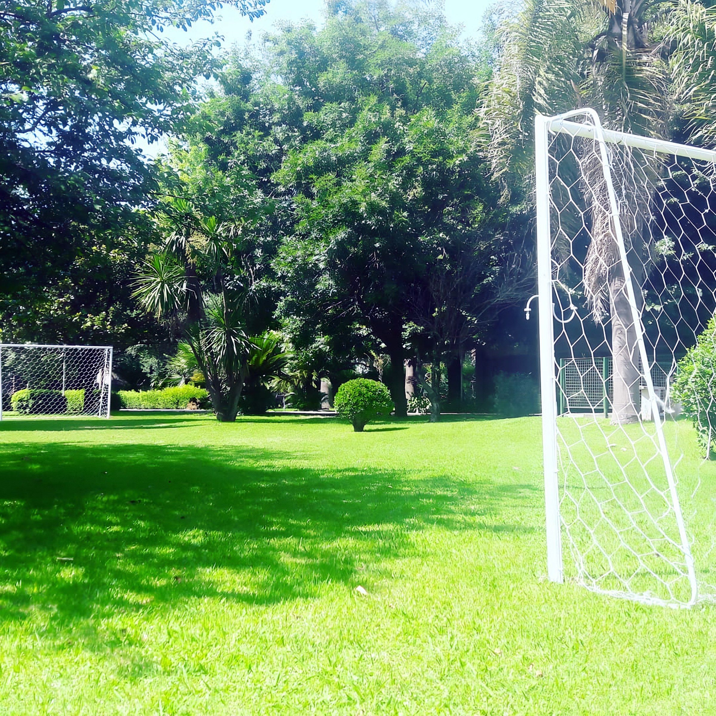 Espacio verde con arboleda y arco de fútbol para los chicos